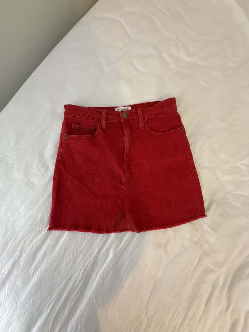 Frame Denim Red Mini Skirt Size 24 Slit Front Raw Hem Denim Skirt